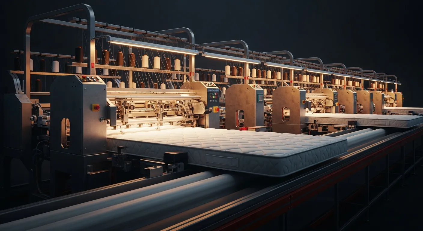 An automated mattress sewing line in a dark factory bay, brushed-steel workstations sewing a quilted mattress panel